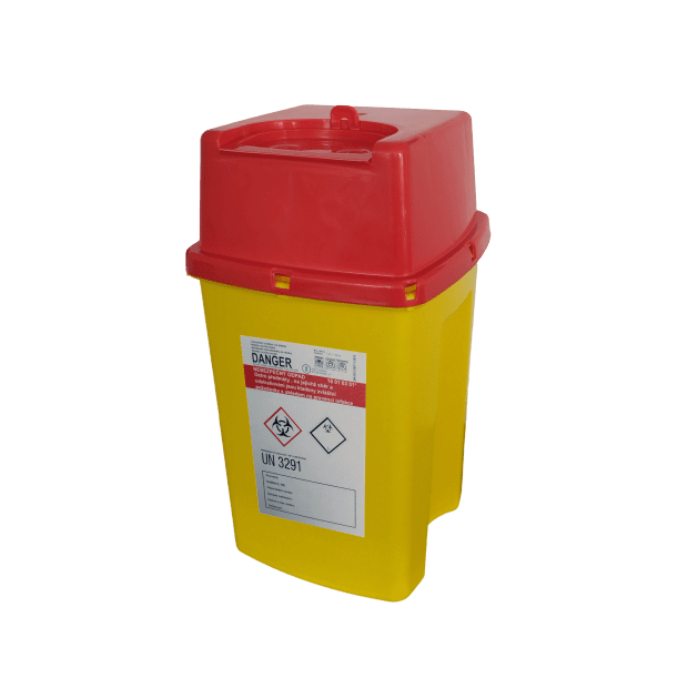 NÁDOBA NA MEDICINÁLNÍ ODPAD HRANATÁ 2 L VČETNĚ UZÁVĚRU 120 X 128 X 220 MM (75 KS/KARTON)