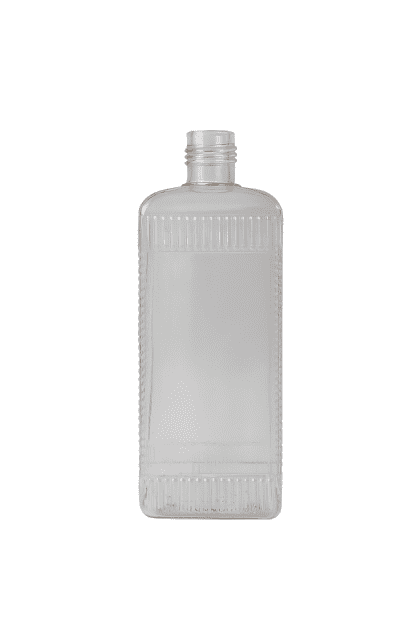 LÁHEV 500 ML PVC ÚZKOHRDLÁ ČIRÁ ČTYŘHRANNÁ BEZ UZÁVĚRU - LEHCE POŠKRÁBANÁ