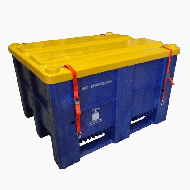 PLASTOVÝ BOX, TYP 1000, UN, PLNÝ, ROZM. 1200 x 1000 x 740MM S VÍKEM A FIXAČNÍMI POPRUHY