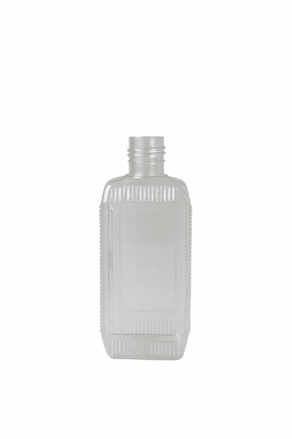 LÁHEV 250 ML PVC ÚZKOHRDLÁ ČIRÁ ČTYŘHRANNÁ BEZ UZÁVĚRU - LEHCE POŠKRÁBANÁ