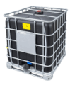 IBC kontejner 1000 L II.jakost rámu repasovaný KOV paleta 150/80 mm hrubý závit černá nádoba(2)2