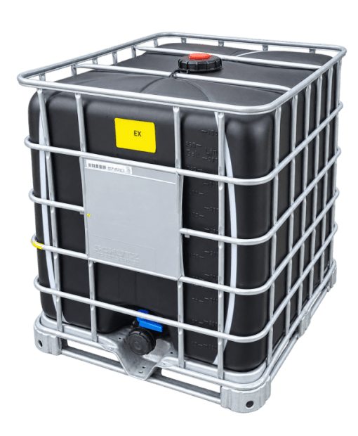 IBC kontejner 1000 L II.jakost rámu repasovaný KOV paleta 150/80 mm hrubý závit černá nádoba(2)