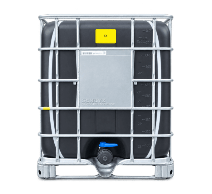 IBC kontejner 1000 L II.jakost rámu repasovaný KOV paleta 150/80 mm hrubý závit černá nádoba